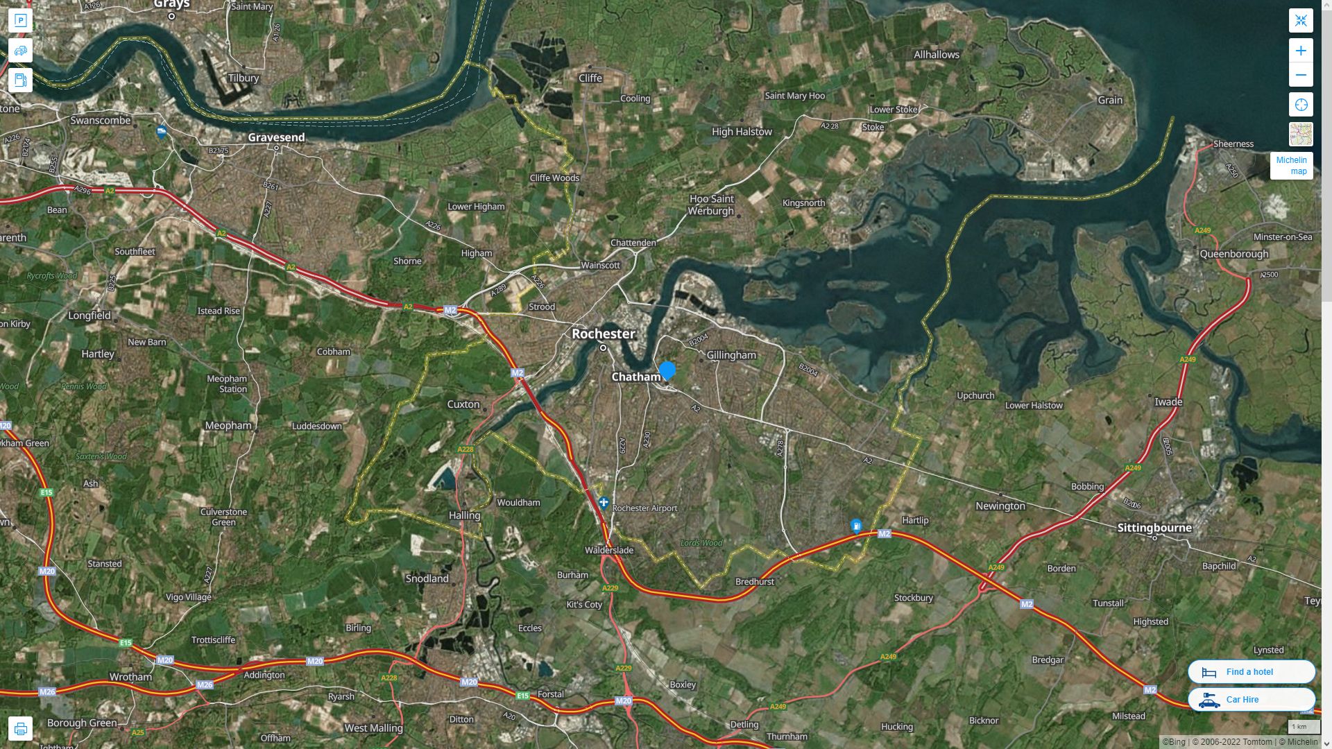 Chatham Royaume Uni Autoroute et carte routiere avec vue satellite
